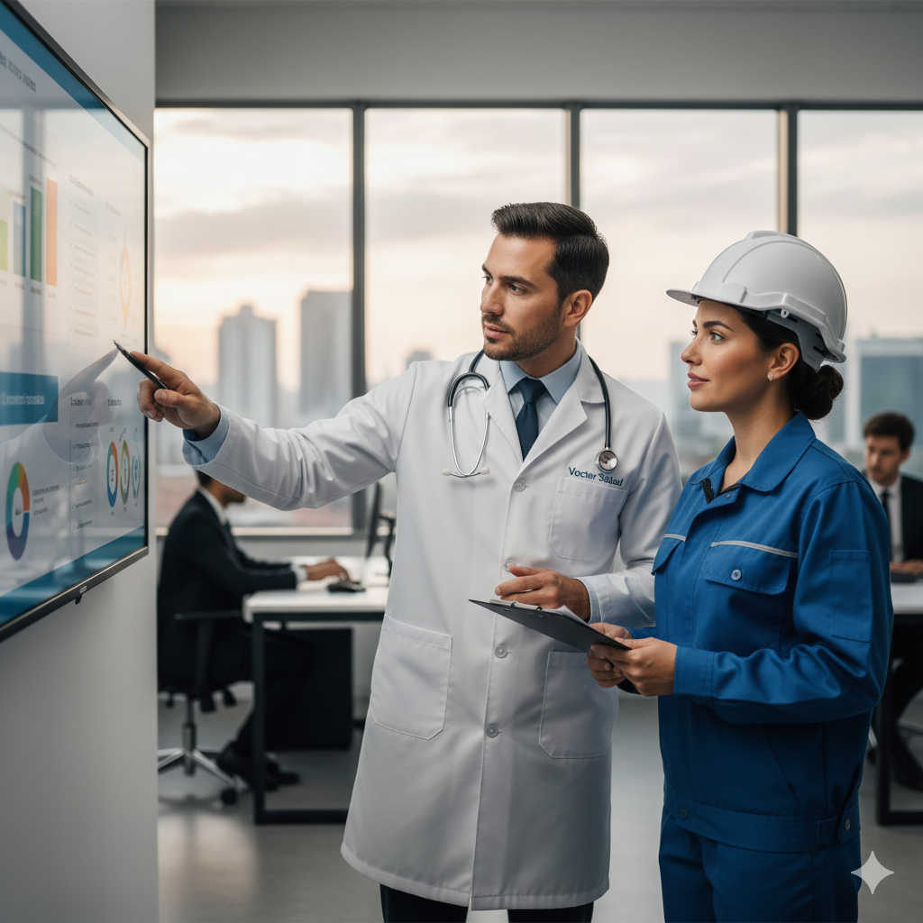 Médico y trabajador colaborando en gestión de salud ocupacional