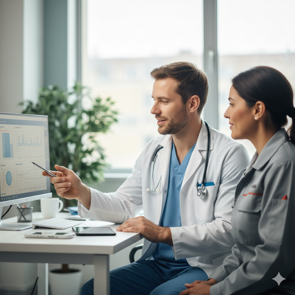 Equipo médico analizando datos de salud ocupacional